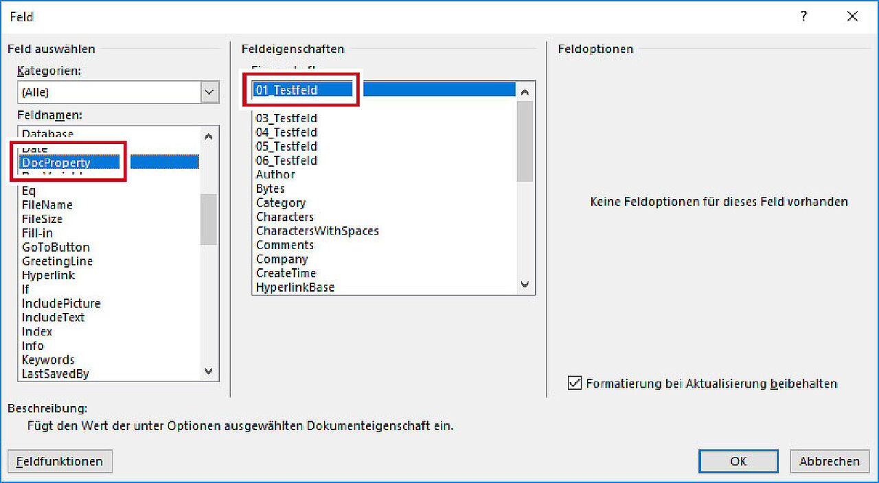 Word 2016 - Feld auswählen