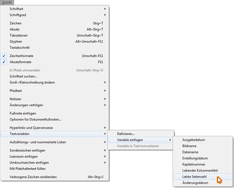 Screenshot: InDesign automatische Seitenzahlen - letzte Seite