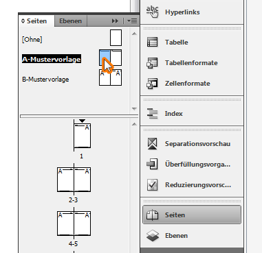 Screenshot: Seitenbedienfeld mit Symbol der Mustervorlage